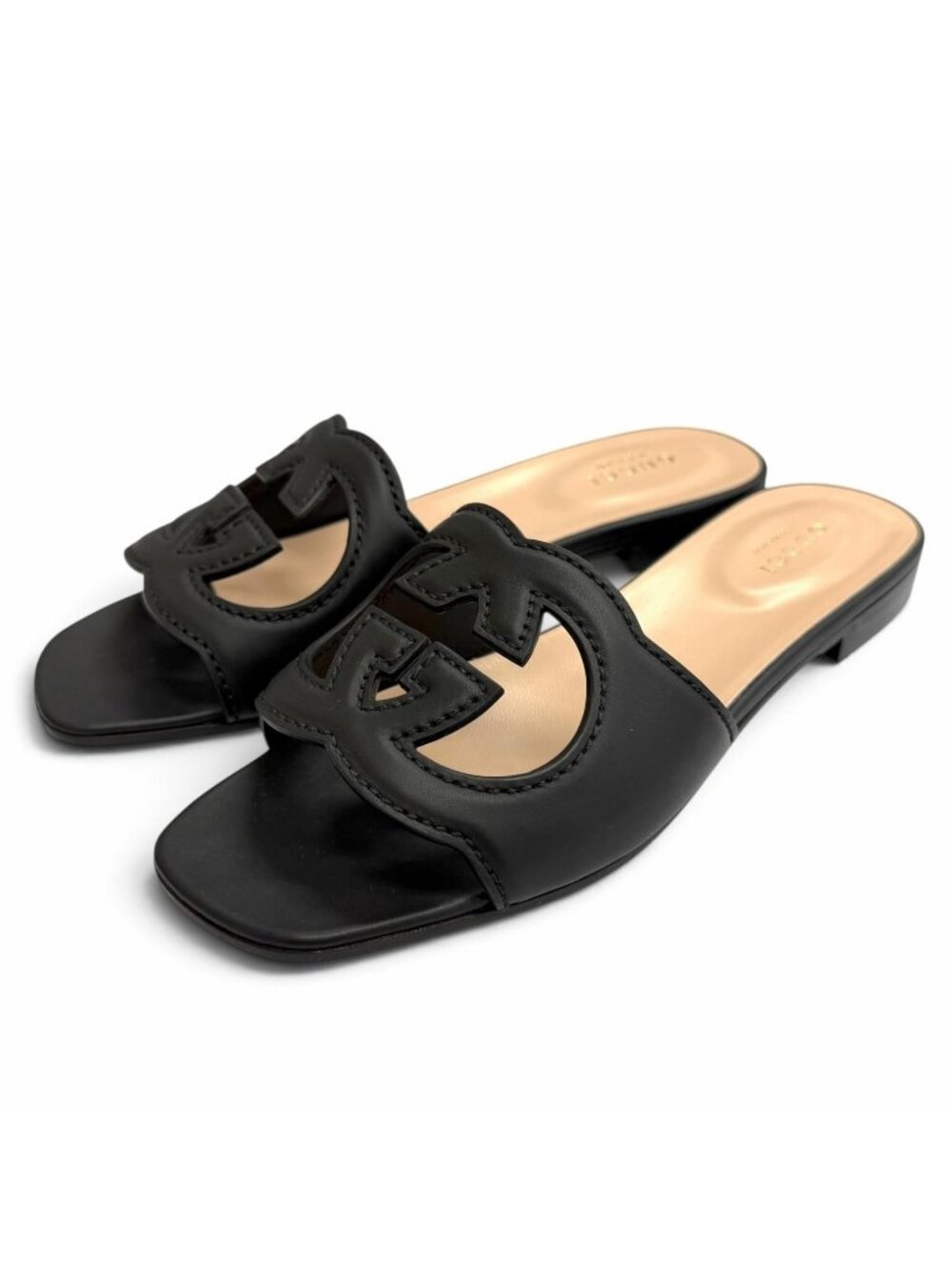 Gucci Leather Interlocking G Cut Out Slidesandals Black IT Sandals